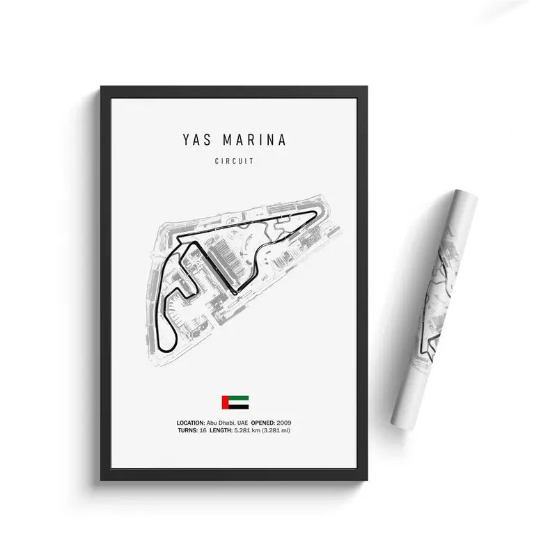 Framed map of Yas Marina Circuit with a pen on a white background