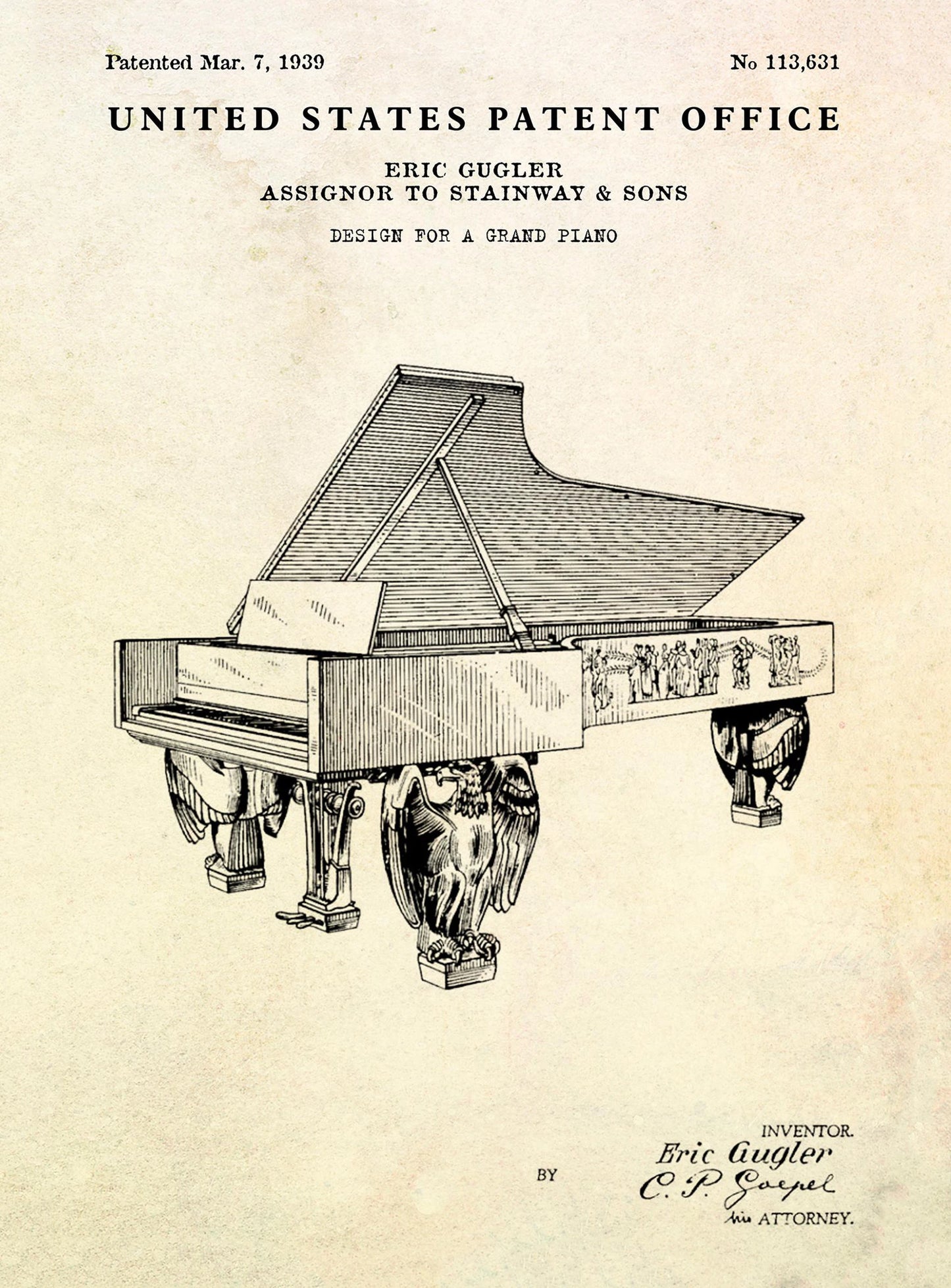 Patent illustration of a grand piano with text from the United States Patent Office.