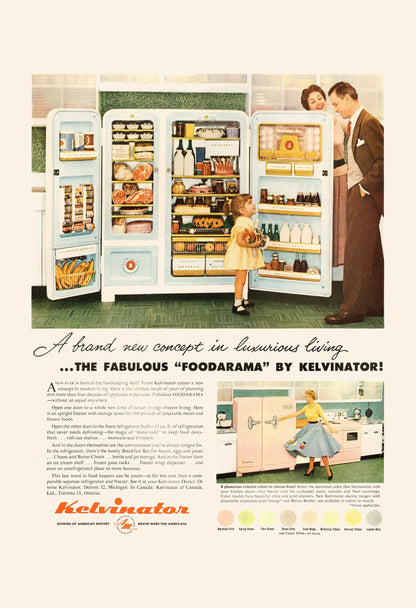 Vintage advertisement for Kelvinator Foodarama refrigerator with family interacting with the appliance.