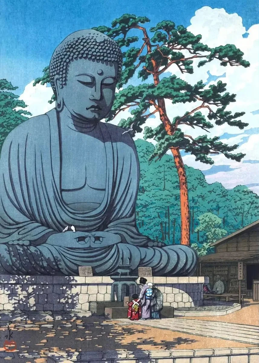 Large Buddha statue in a serene setting with trees and a building.