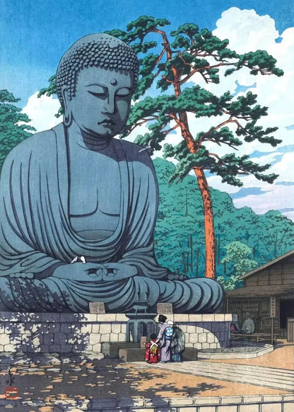 Large Buddha statue in a serene setting with trees and a building.