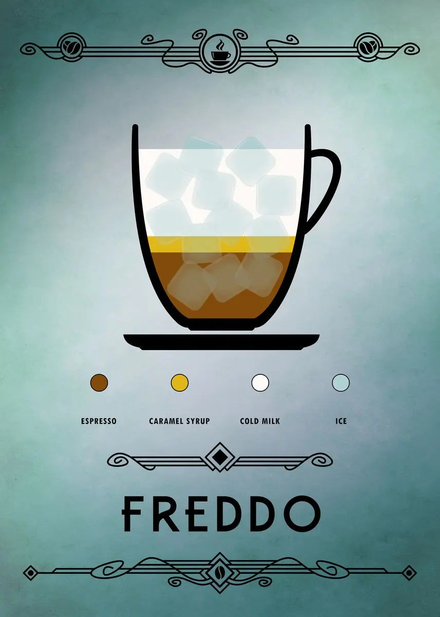 Illustration of a layered drink withFreddo branding on a light blue background