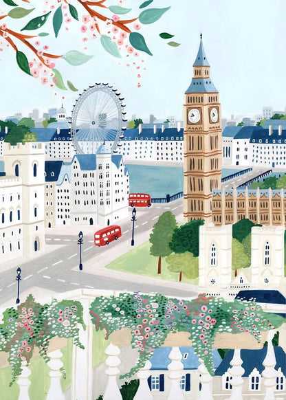 Illustration of a cityscape with Big Ben, a Ferris wheel, and double-decker buses.