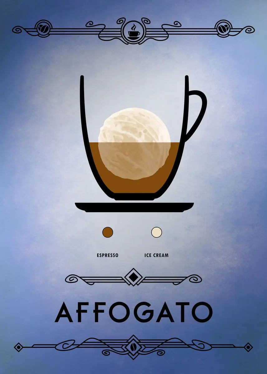 Illustration of an affogato with espresso and ice cream on a blue background