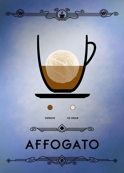 Illustration of an affogato with espresso and ice cream on a blue background