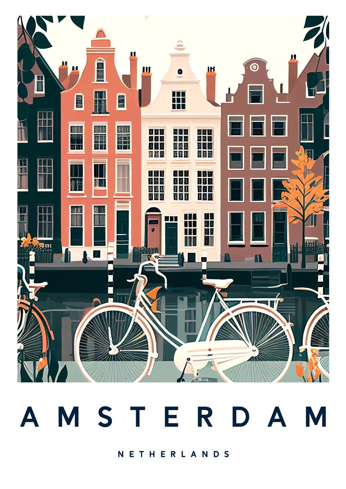 Illustration of Amsterdam with colorful buildings and a bicycle by a canal.