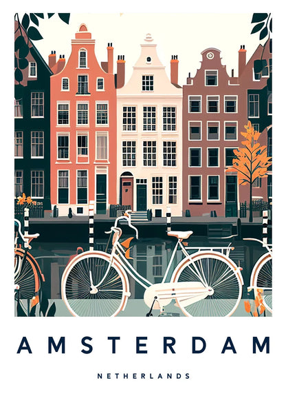 Illustration of Amsterdam with colorful buildings and a bicycle by a canal.