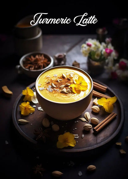 Turmeric latte in a white cup with garnishes on a dark surface, surrounded by flowers and spices.