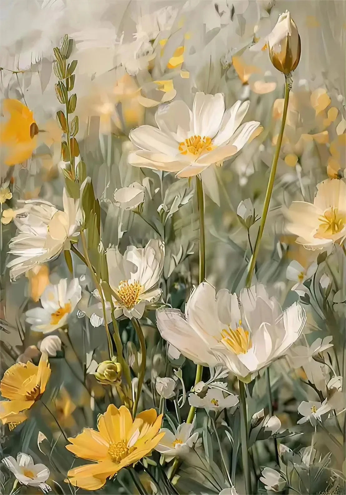 Illustration of white and yellow flowers with green leaves on a light gray background