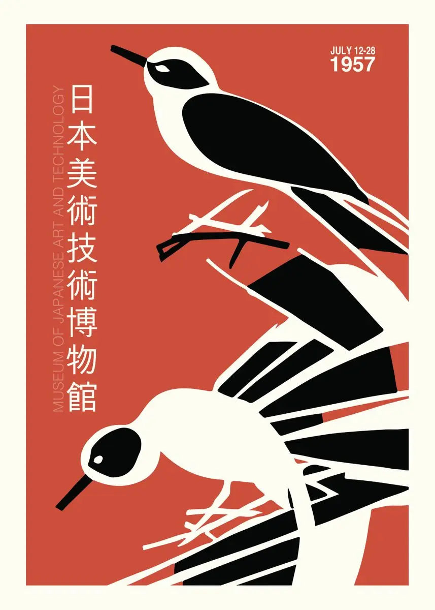Poster with black and white birds on a red background, featuring text and design elements.