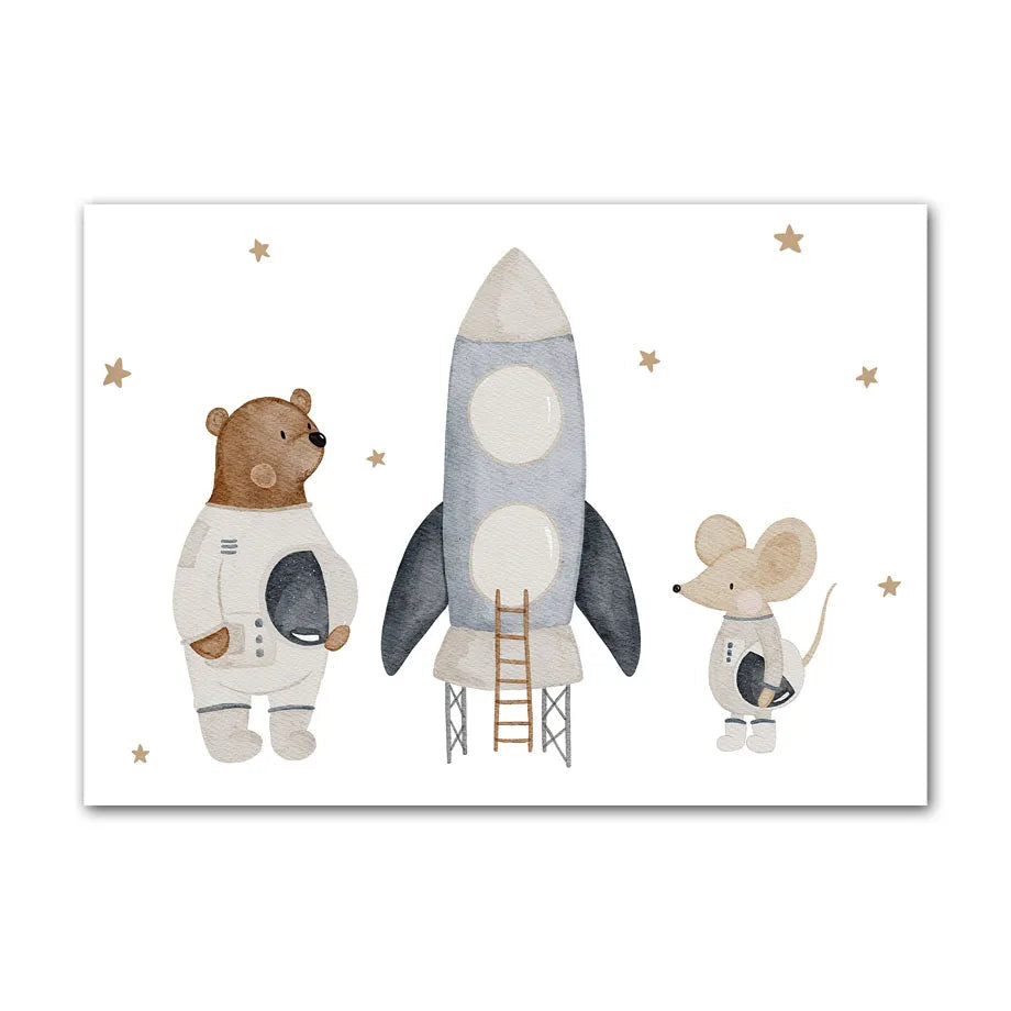 Illustration of a bear and a mouse in astronaut suits with a rocket ship on a white background.