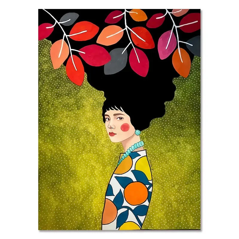 Colorful illustration of a woman with a vibrant dress and leafy hair on a green background