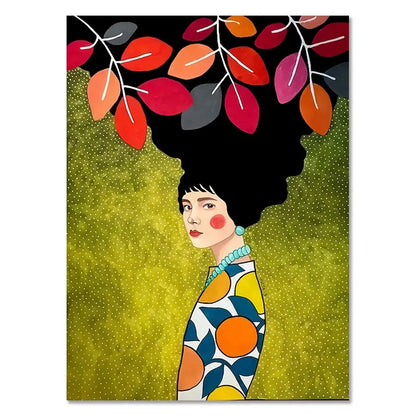 Colorful illustration of a woman with a vibrant dress and leafy hair on a green background