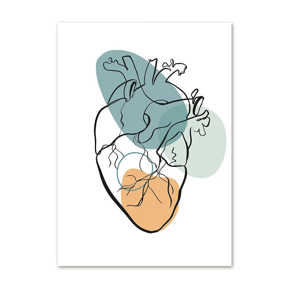Art print of a stylized heart design with blue and orange elements on a white background