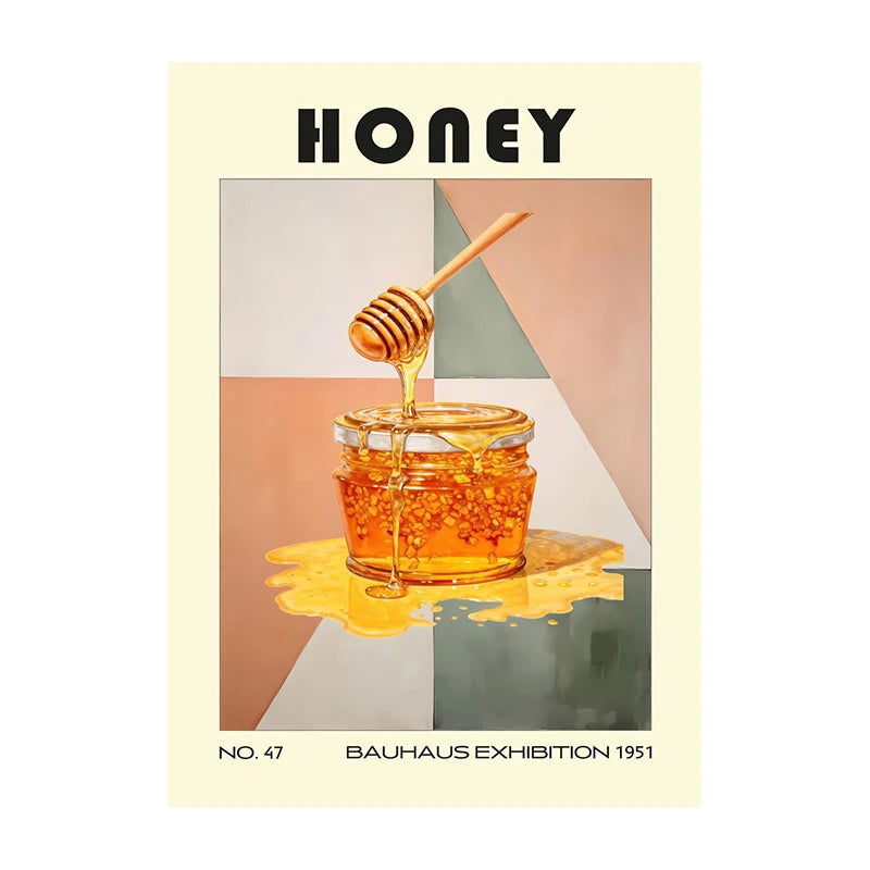 Poster of a honey jar with a dipper on a geometric background, featuring the word 'HONEY' at the top.