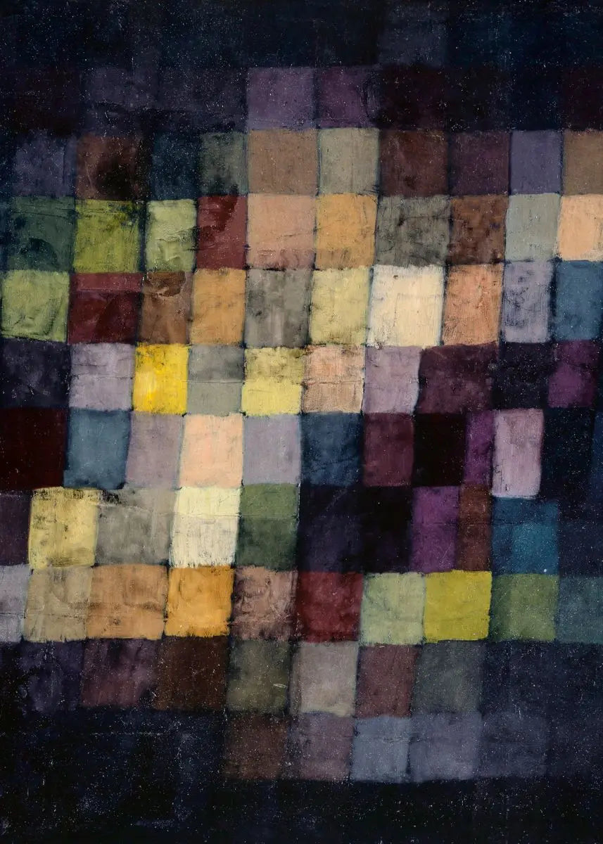 Multicolored patchwork rug with square patterns on a dark background