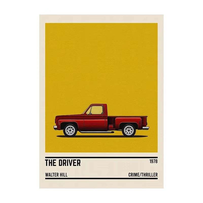 Poster of a red truck on a yellow background with text about the movie 'The Driver'.