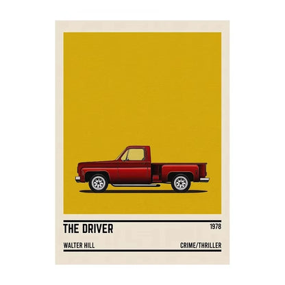 Poster of a red truck on a yellow background with text about the movie 'The Driver'.