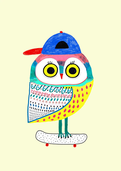 Colorful owl illustration wearing a hat and skateboarding on a light yellow background