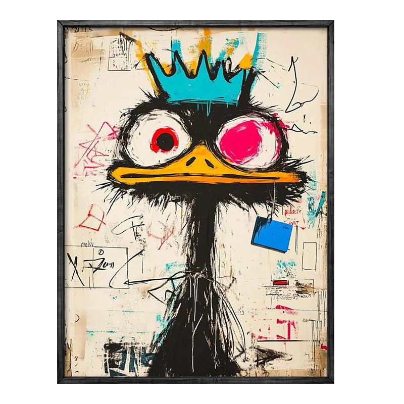 Abstract artwork with a stylized face and colorful elements on a textured background