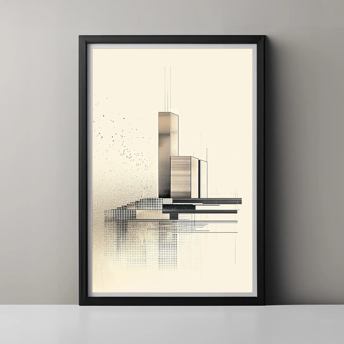 Framed abstract art print on a gray wall