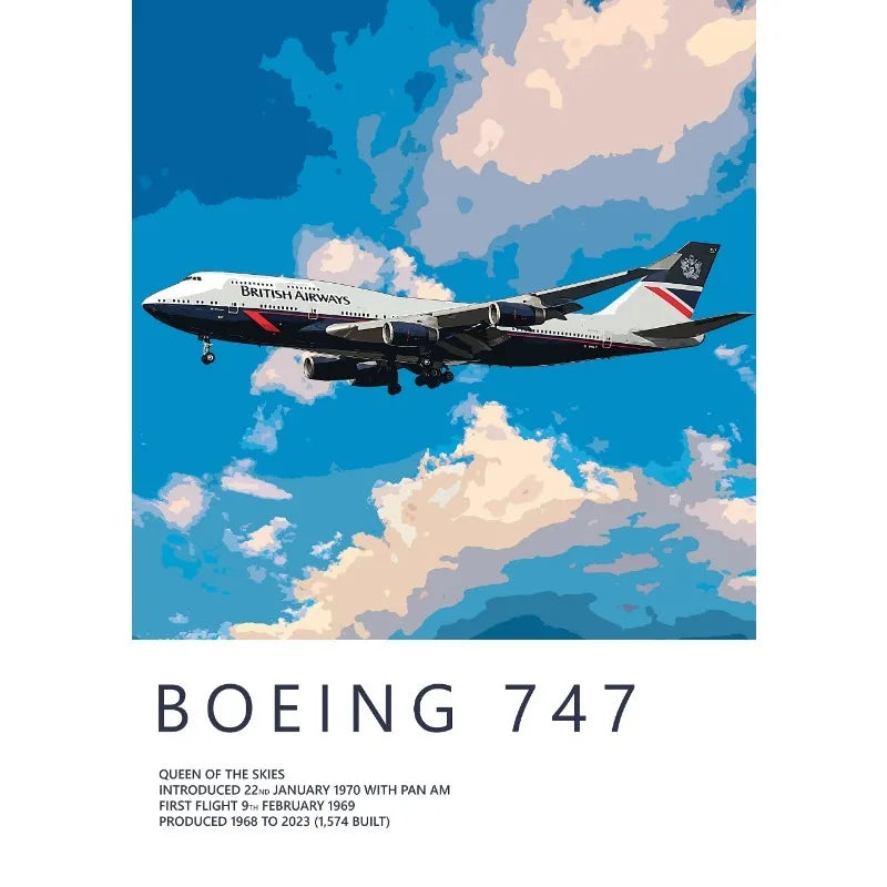 Boeing 747 airplane flying in the sky with clouds and 'British Airways' branding.