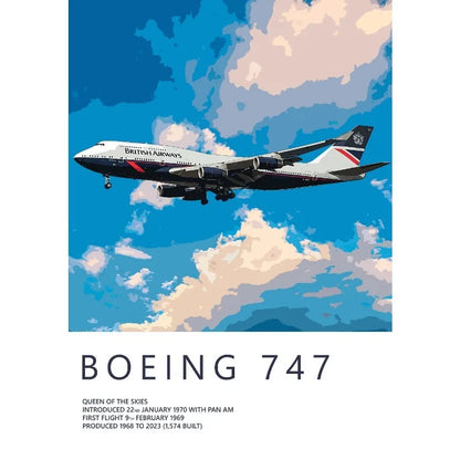 Boeing 747 airplane flying in the sky with clouds and 'British Airways' branding.