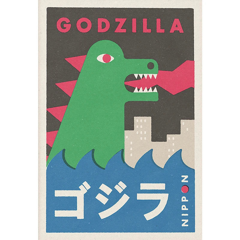 Simplified illustration of Godzilla with Japanese text and 'Nippon' logo on a beige background