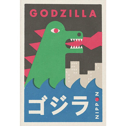 Simplified illustration of Godzilla with Japanese text and 'Nippon' logo on a beige background