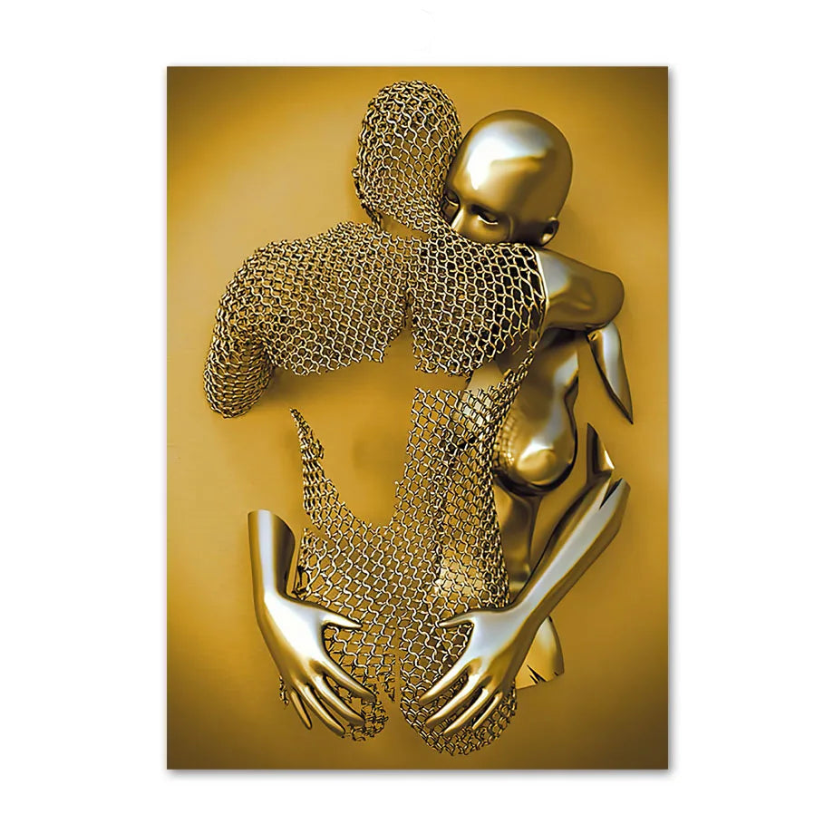 Gold abstract sculpture of a figure on a gold background
