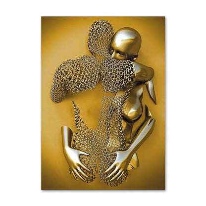 Gold abstract sculpture of a figure on a gold background
