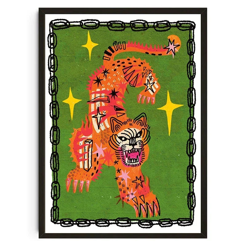 Colorful abstract creature illustration on a green background with stars and chains.