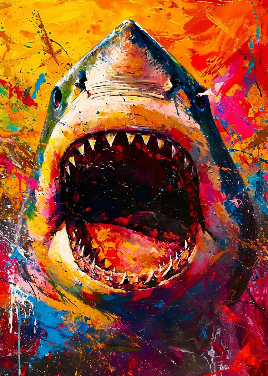 Colorful abstract painting of a shark with an open mouth.