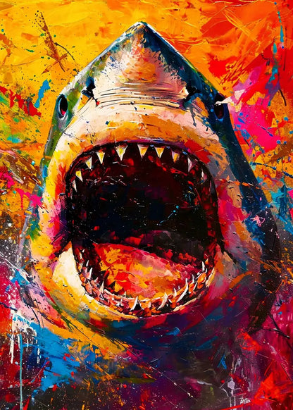 Colorful abstract painting of a shark with an open mouth.