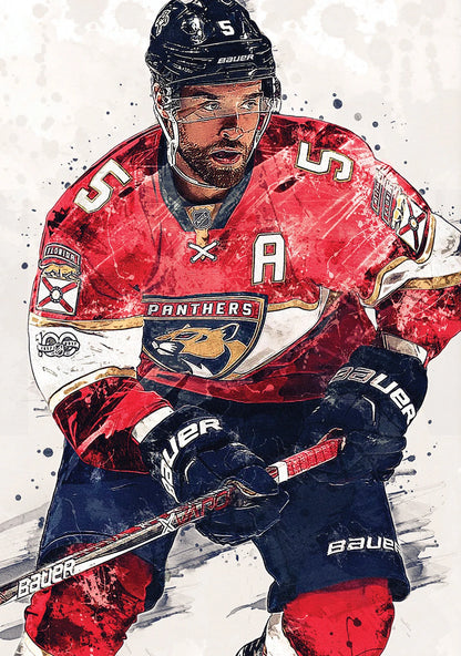 Hockey player in a red and blue uniform with 'Panthers' logo on a white background