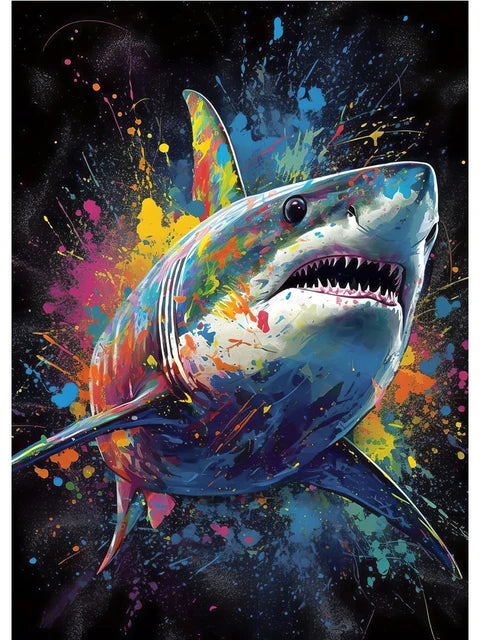 Colorful shark illustration with abstract splashes on a dark background
