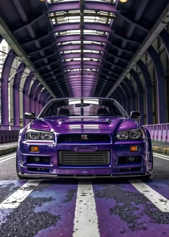 Purple sports car on a road with a futuristic purple tunnel in the background