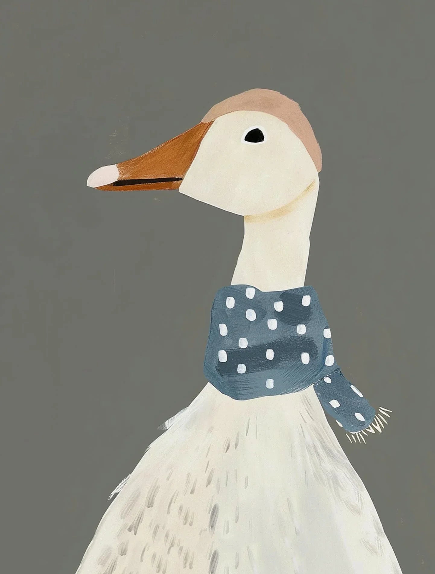Illustration of a duck wearing a blue polka dot scarf on a gray background