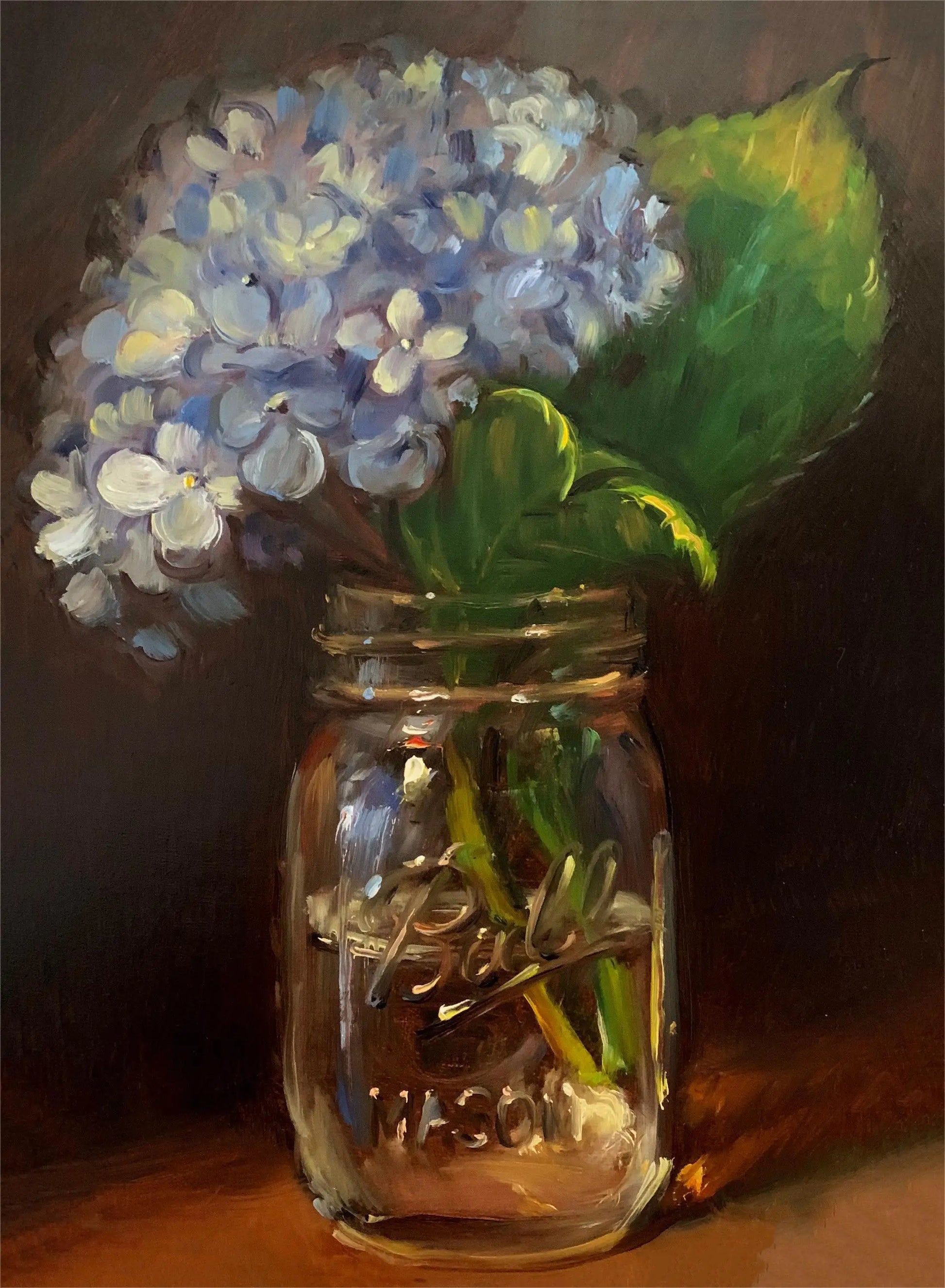 Painting of a mason jar with blue flowers and green leaves on a dark background