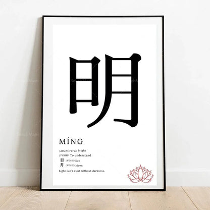 Framed artwork with Chinese character '明' and its meaning on a white background