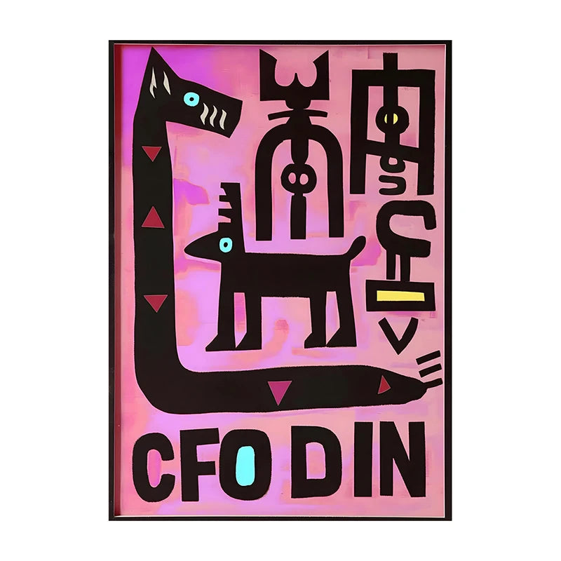 Abstract art piece with black figures on a pink and purple gradient background, featuring the text 'CFO DIN'.