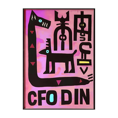 Abstract art piece with black figures on a pink and purple gradient background, featuring the text 'CFO DIN'.