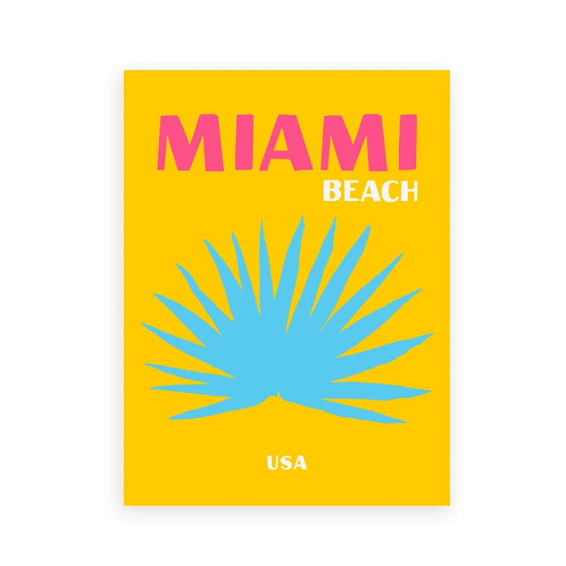 Book cover with 'Miami Beach USA' text and blue palm leaf on yellow background