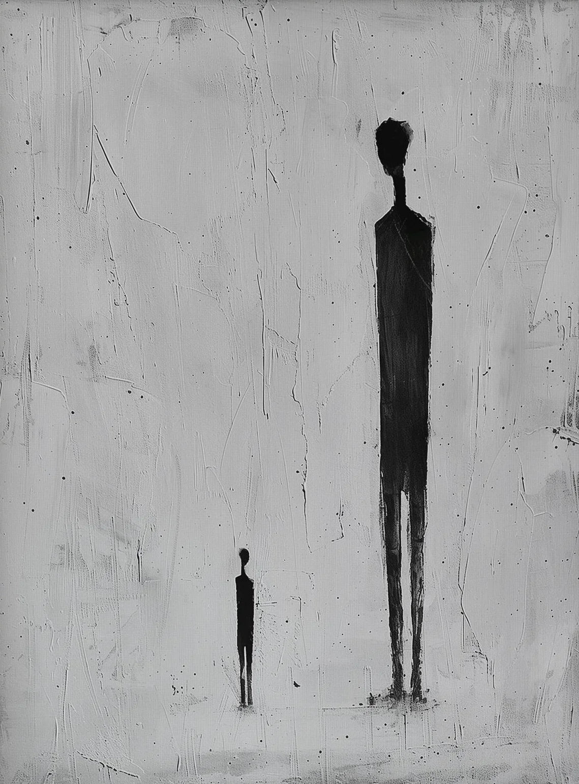 Abstract artwork with two black figures on a textured white background