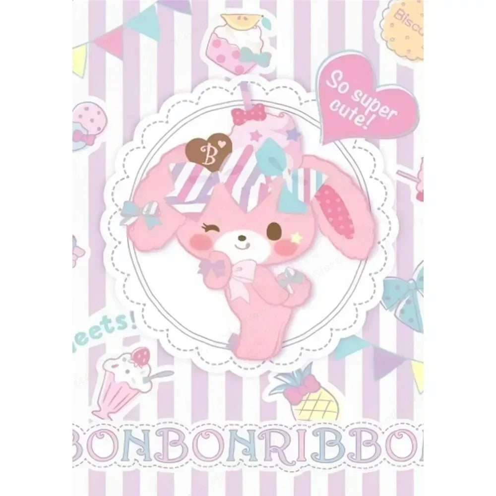 Cartoon character in a pink dress with candy-themed design on a striped background