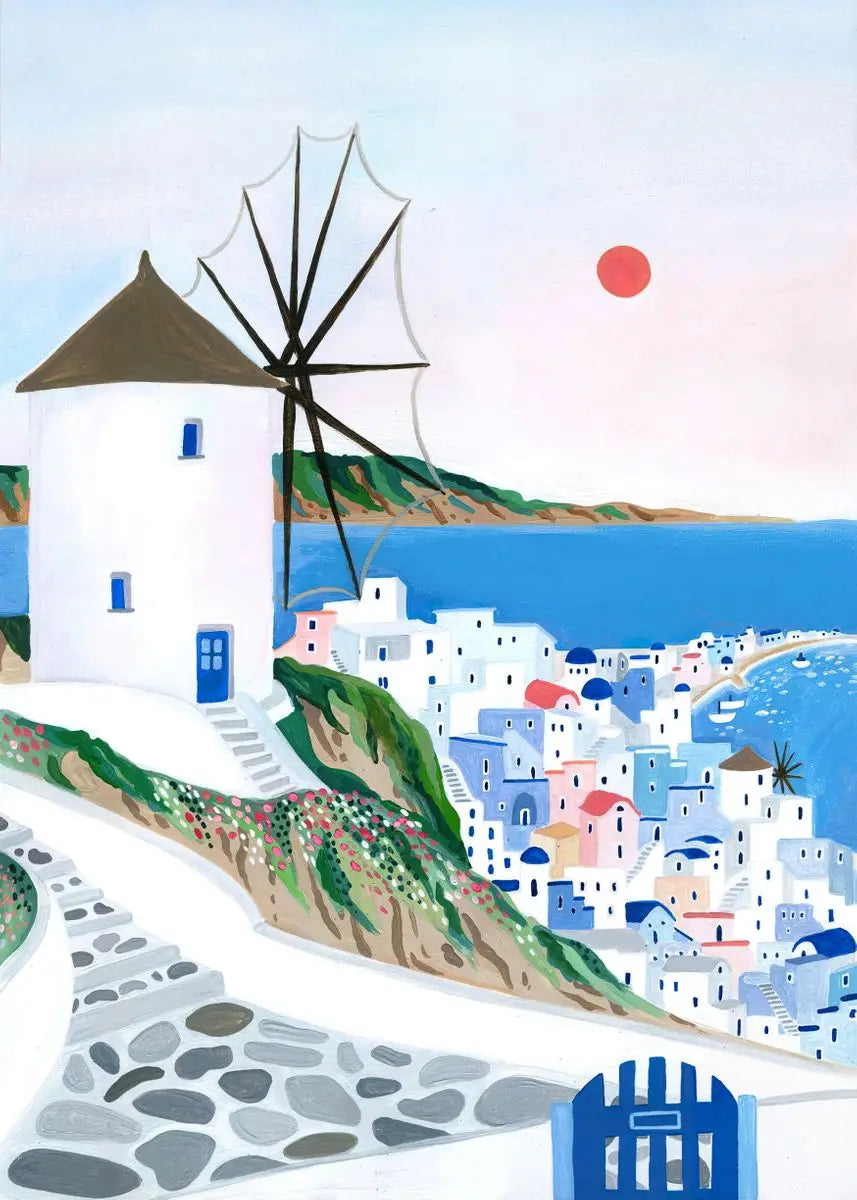 Colorful illustration of a coastal scene with a windmill, houses, and a sunset.