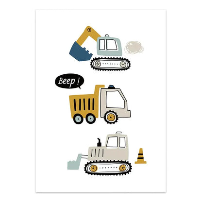 Illustrations of construction vehicles including a bulldozer, dump truck, and tractor on a white background.