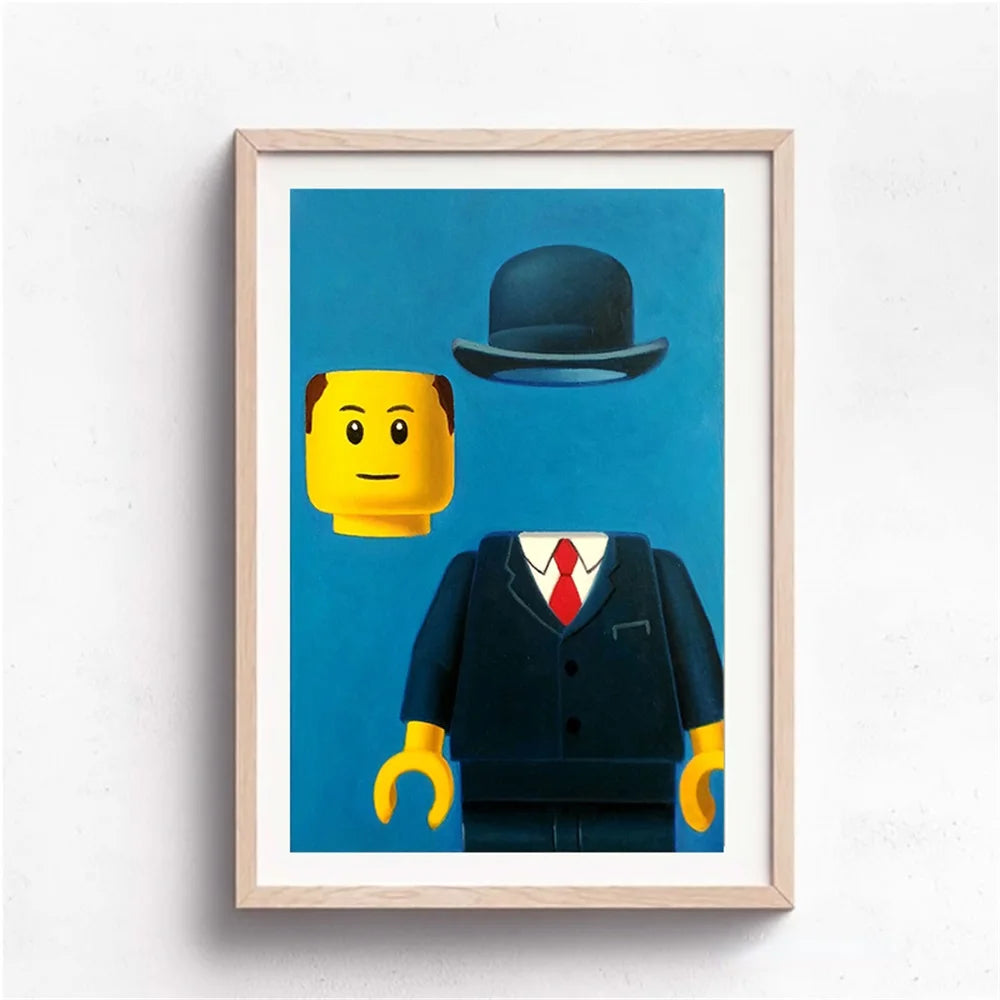 Framed artwork of a LEGO figure with a bowler hat on a blue background