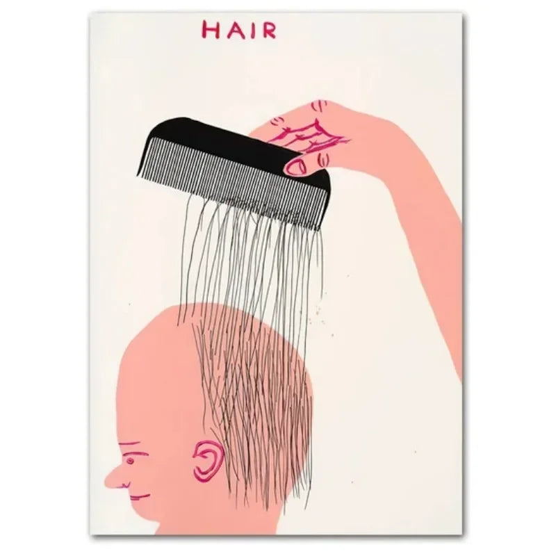 Illustration of a hand combing hair with text 'HAIR' above.