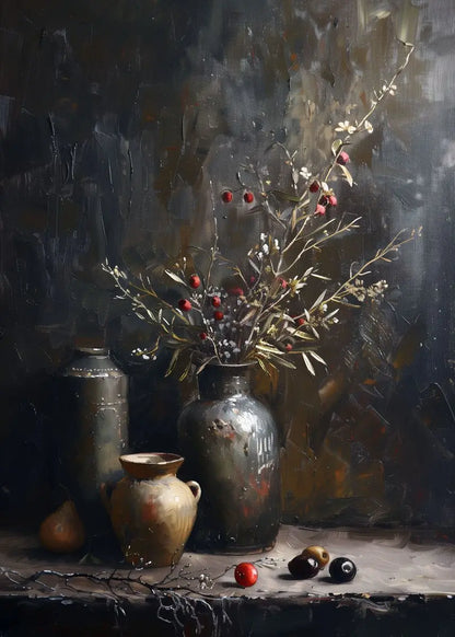 Still life painting with vases, fruits, and branches on a dark surface